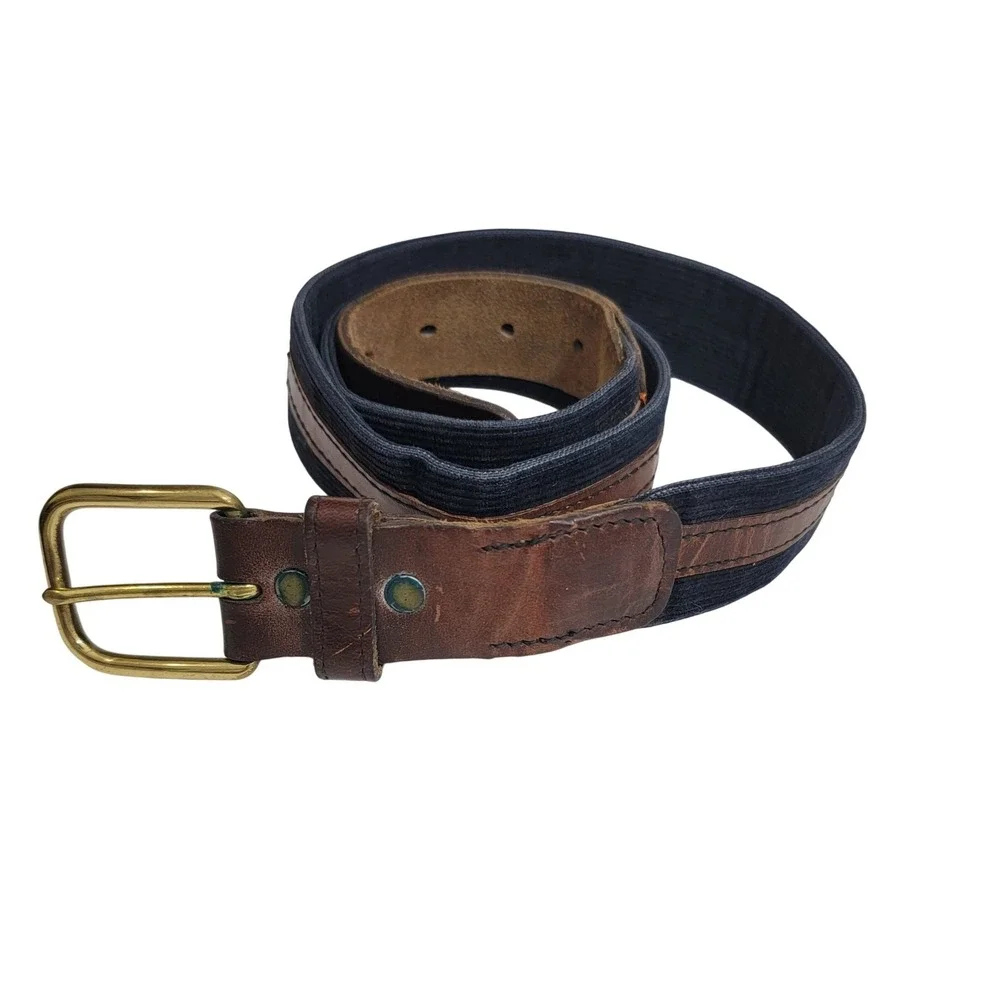 Mens Navy Blue Corduroy Brown Leather Inlay Belt Solid Brass Buckle Casual 34
